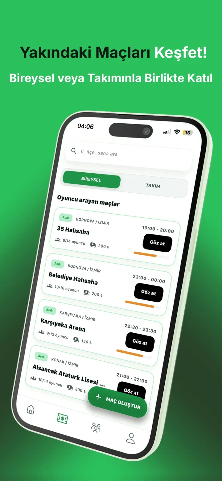 FutConnect yakındaki maçlar ekranı